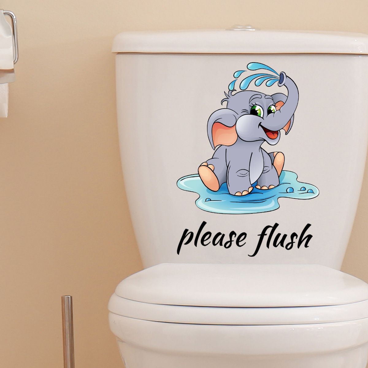 Cartoon cute little elephant English please rinse toilet stickers bathroom decoration self-adhesive detachable wall stickers
