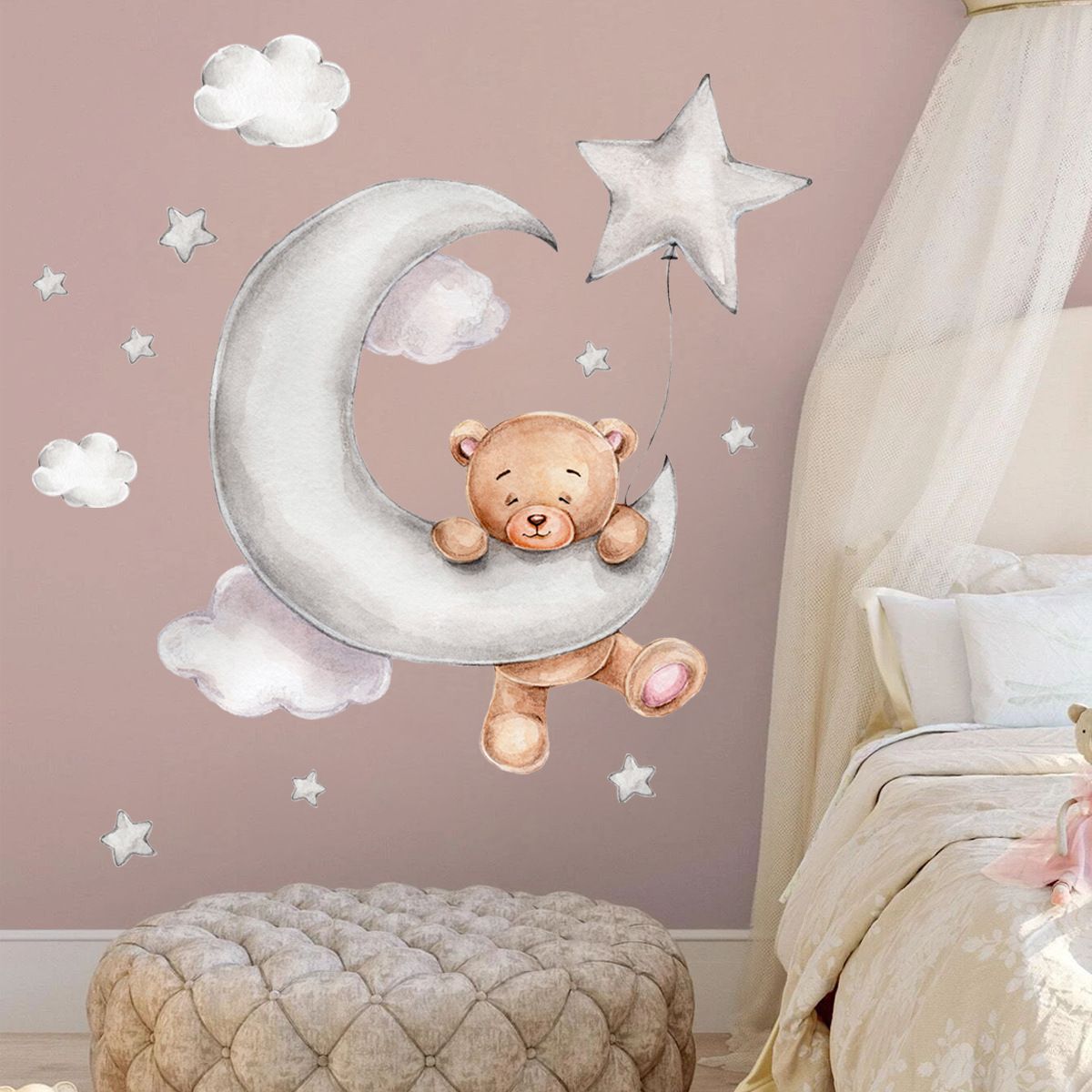 Cartoon Teddy Bear Sleeping on the Moon and Stars Wall Stickers for Kids Room Baby Room Decoration Wall Decals Room Interior &