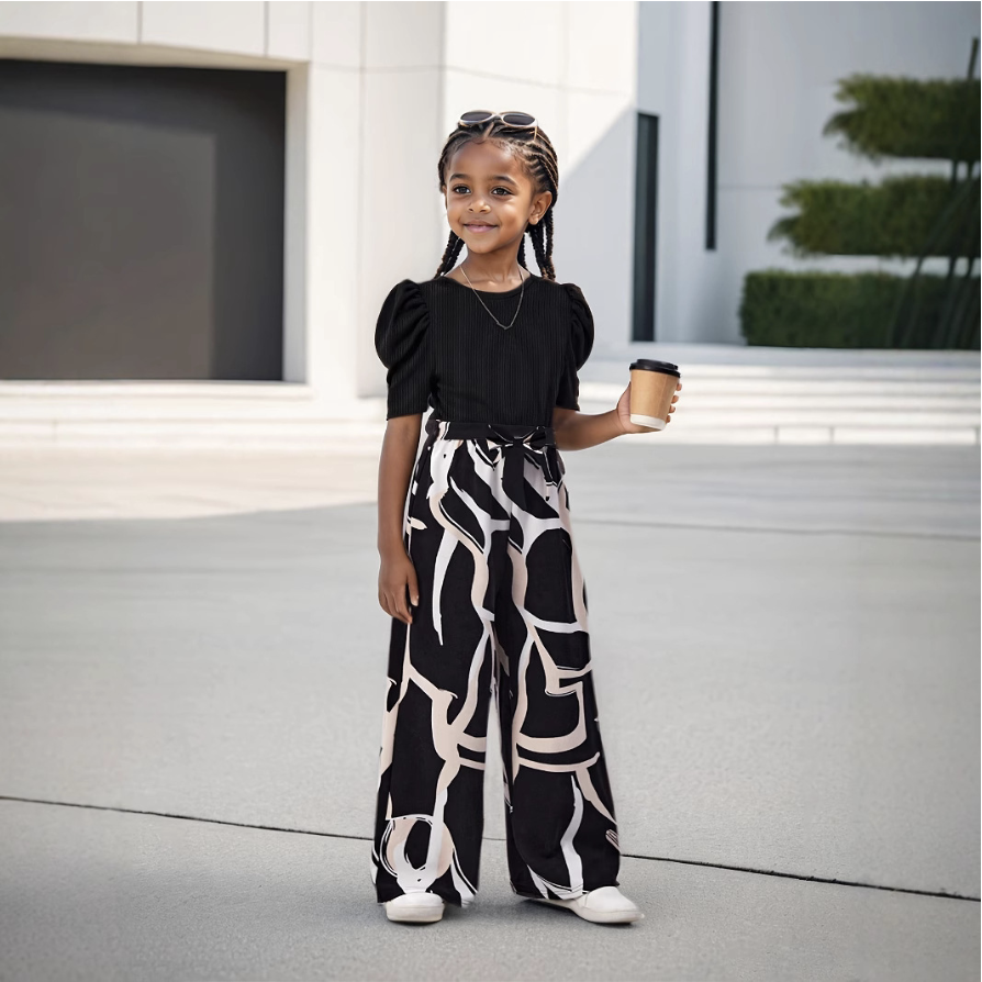 Two-Piece Set(T-shirt+Pants) Girls' Summer - Bubble Sleeve Top & Floral Print Wide Leg Pants, Trendy Casual Outfit for Kids with Vintage Chic Style