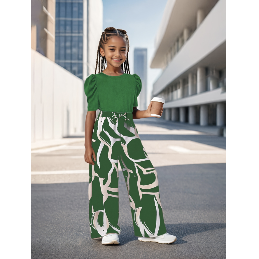 Two-Piece Set(T-shirt+Pants) Girls' Summer - Bubble Sleeve Top & Floral Print Wide Leg Pants, Trendy Casual Outfit for Kids with Vintage Chic Style