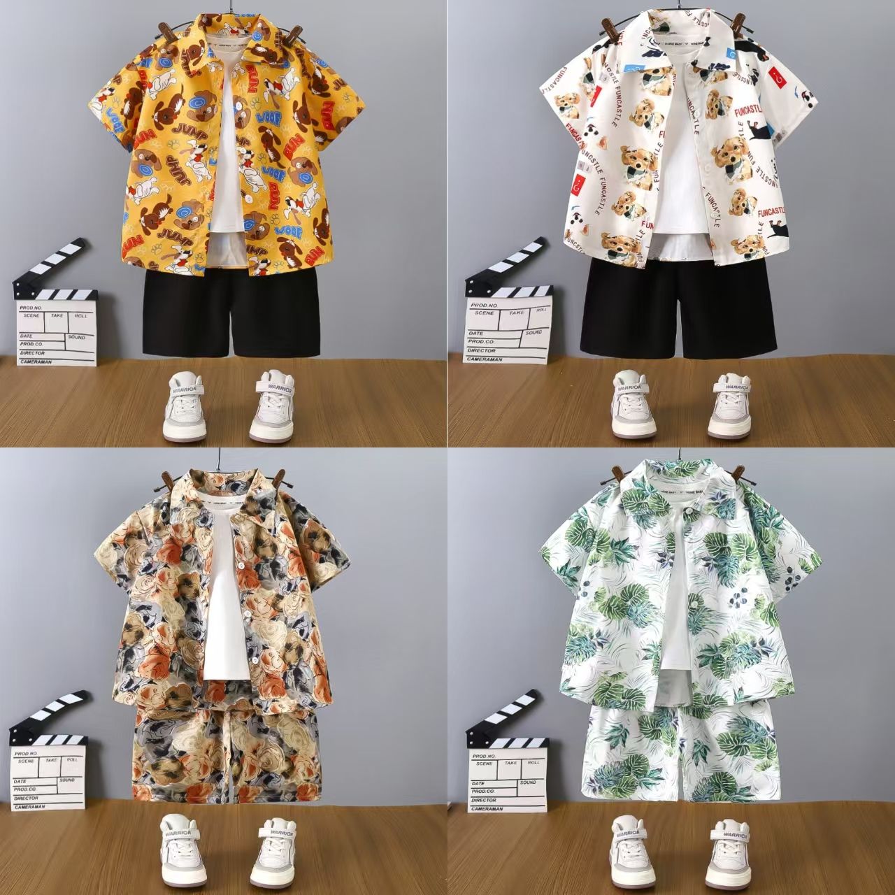 2-Piece Set (Shirt+Shorts) New Boys' Casual Clothing Set Cute Printed Short Sleeve Shirt & Summer Shorts Outfit For Kids