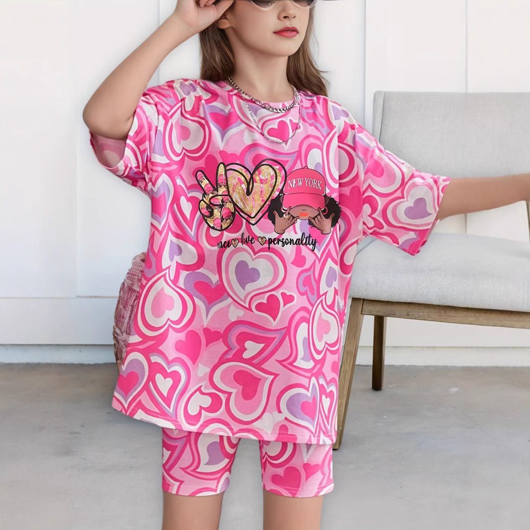 2Pcs Set (Tshirt+Shorts) Girls' Casual Short Sleeve & Shorts Set - Allover Tie-Dye Heart Print T-Shirts, Ages 3-8