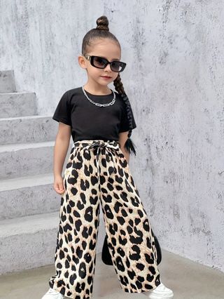 Girls' Summer Casual 2-Piece Set(T-shirt+Pants)- Short Sleeve Top & Leopard Print Pants, New Stylish Outfit