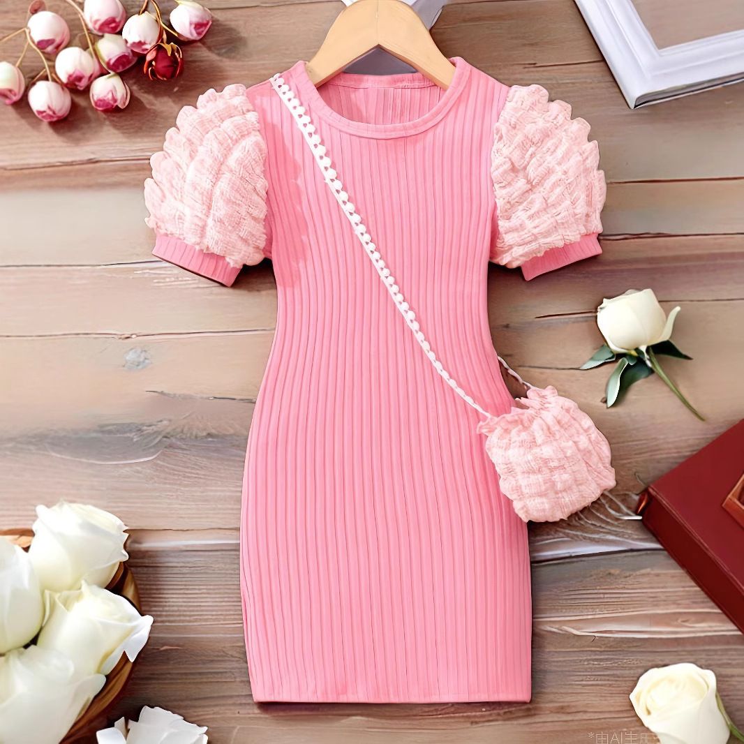 Girls' Spring-Summer Dress - Vibrant Pink Bubble Sleeve Stylish & Playful Outfit
