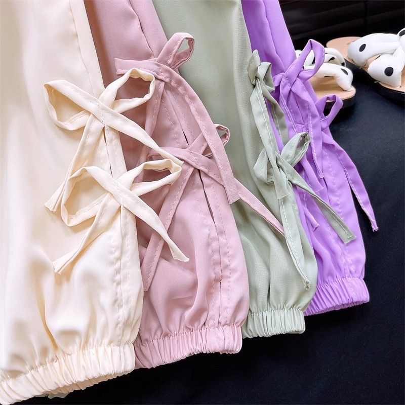 Girl's Summer Bow Detail Culottes - Loose-Fit Solid Color Mosquito-Repellent Long Pants for Toddler & Kids Casual Wear