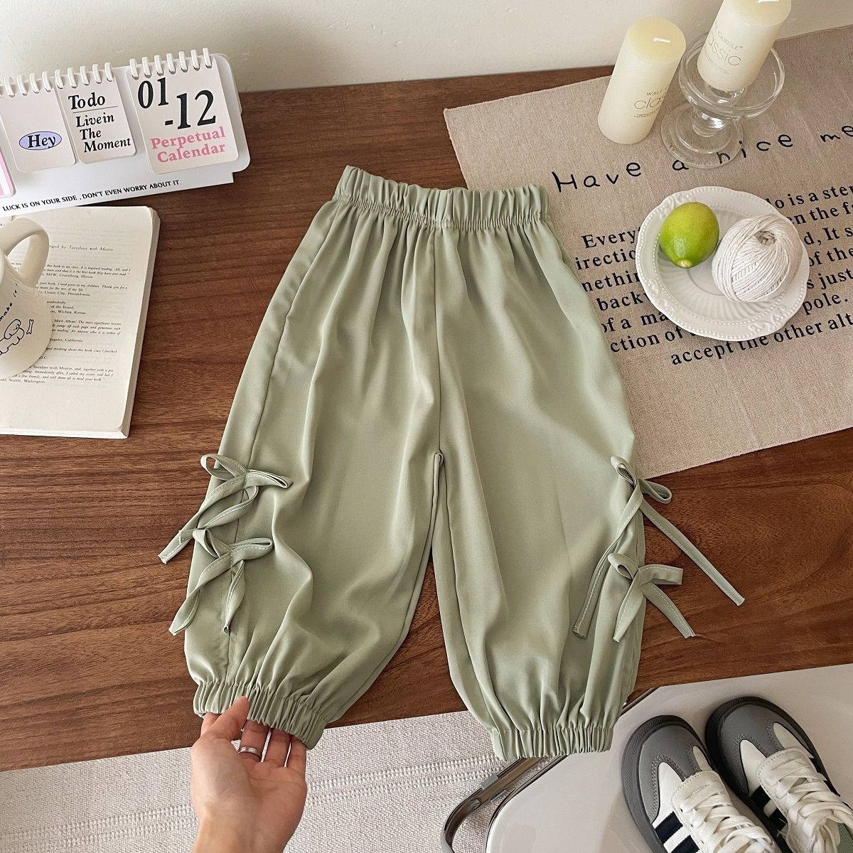 Girl's Summer Bow Detail Culottes - Loose-Fit Solid Color Mosquito-Repellent Long Pants for Toddler & Kids Casual Wear