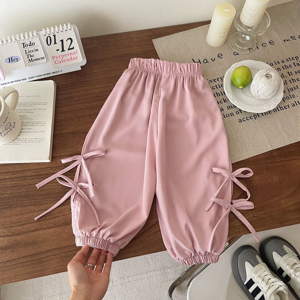Girl's Summer Bow Detail Culottes - Loose-Fit Solid Color Mosquito-Repellent Long Pants for Toddler & Kids Casual Wear