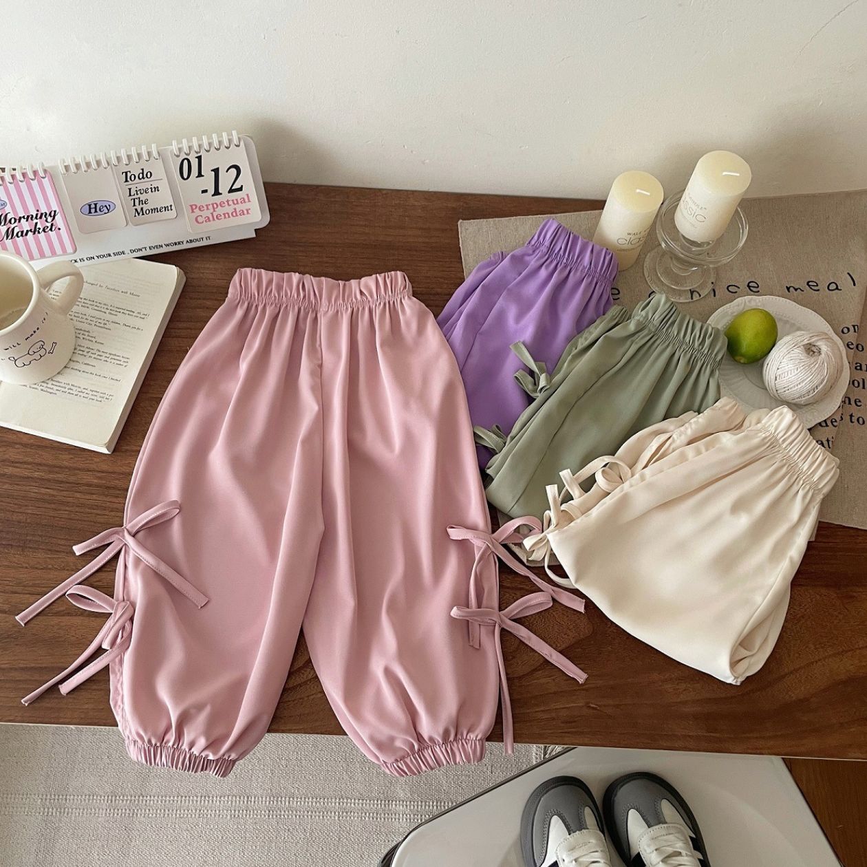 Girl's Summer Bow Detail Culottes - Loose-Fit Solid Color Mosquito-Repellent Long Pants for Toddler & Kids Casual Wear