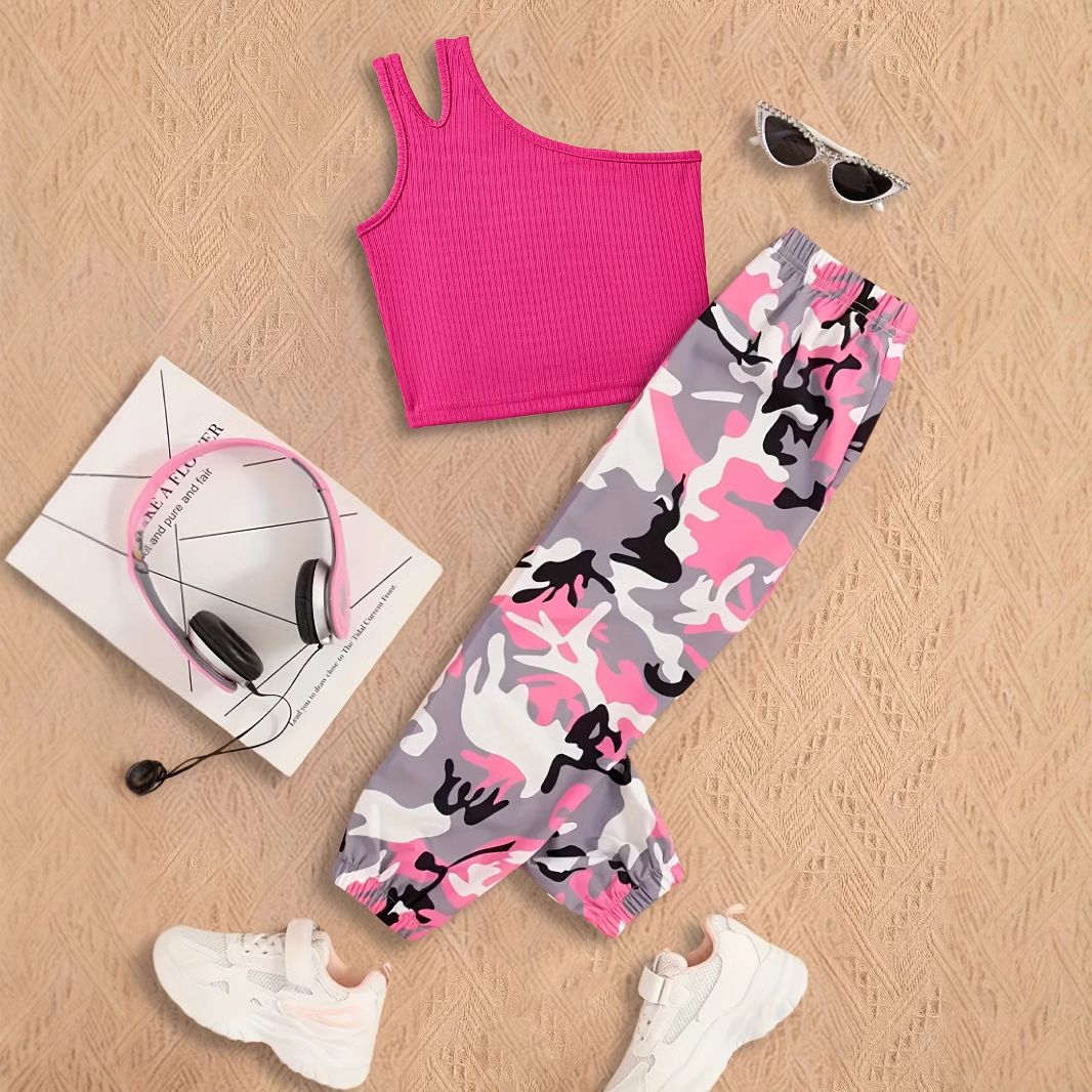 2-Piece Set(Tank Top+Shorts) Girl's Camouflage Print Sport Vest & Long Pants Set - Casual Athletic Outfit for Playwear
