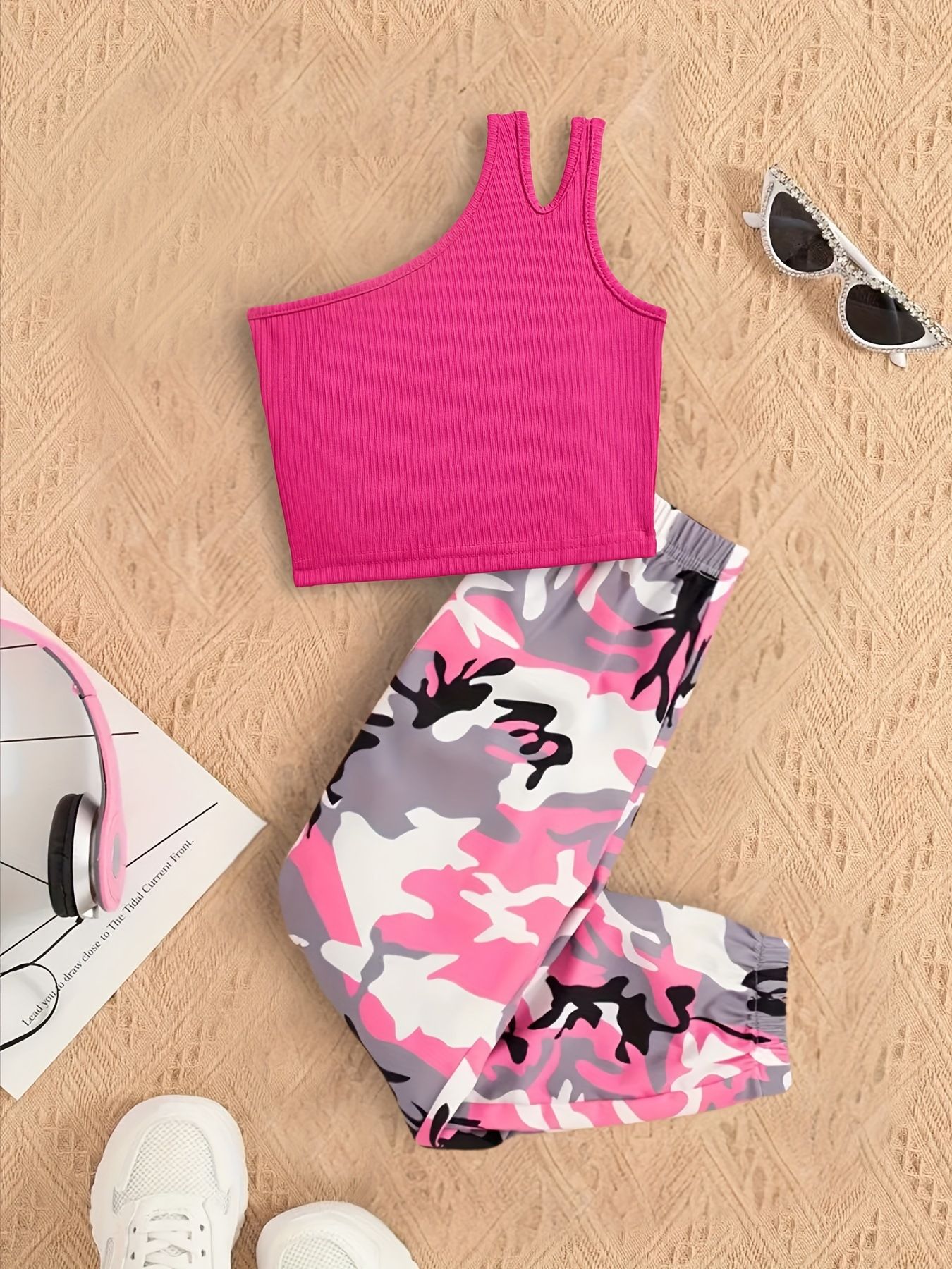 2-Piece Set(Tank Top+Shorts) Girl's Camouflage Print Sport Vest & Long Pants Set - Casual Athletic Outfit for Playwear