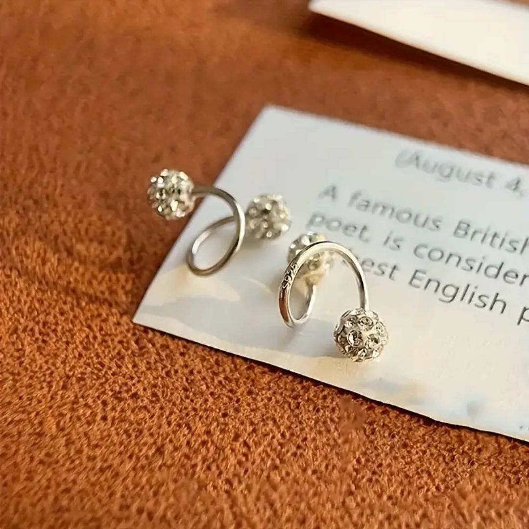 Pair of Luxury Spiral Rod Ball Stud Earrings with Rhinestone Inlay, Stainless Steel & 925 Silvery Posts, Ideal for Daily Wear & Gift-Giving on Special Occasions