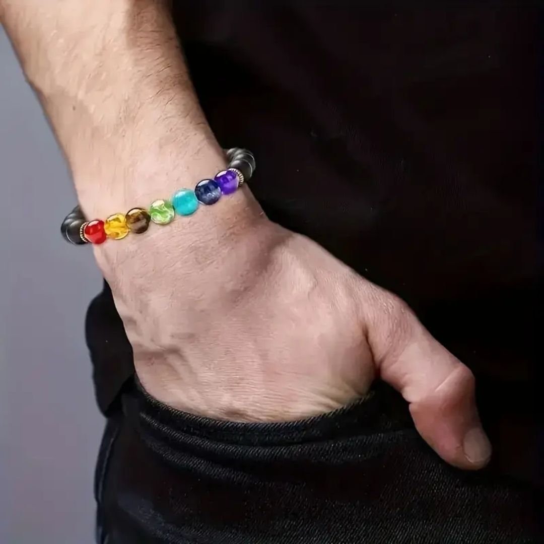 Adjustable Bracelet with 7 Chakra Natural Stone Beads & Meditation Design - Spiritual Yoga Jewelry for Men & Women, Unisex Elastic Cord for Daily Wear