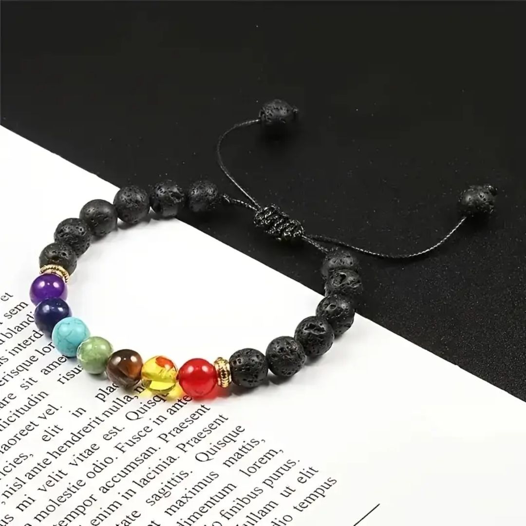 Adjustable Bracelet with 7 Chakra Natural Stone Beads & Meditation Design - Spiritual Yoga Jewelry for Men & Women, Unisex Elastic Cord for Daily Wear