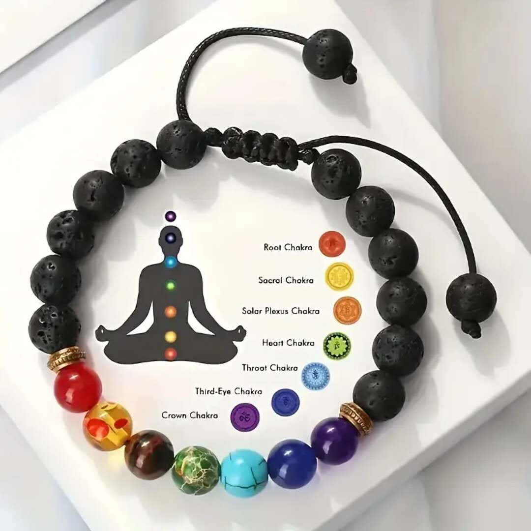 Adjustable Bracelet with 7 Chakra Natural Stone Beads & Meditation Design - Spiritual Yoga Jewelry for Men & Women, Unisex Elastic Cord for Daily Wear