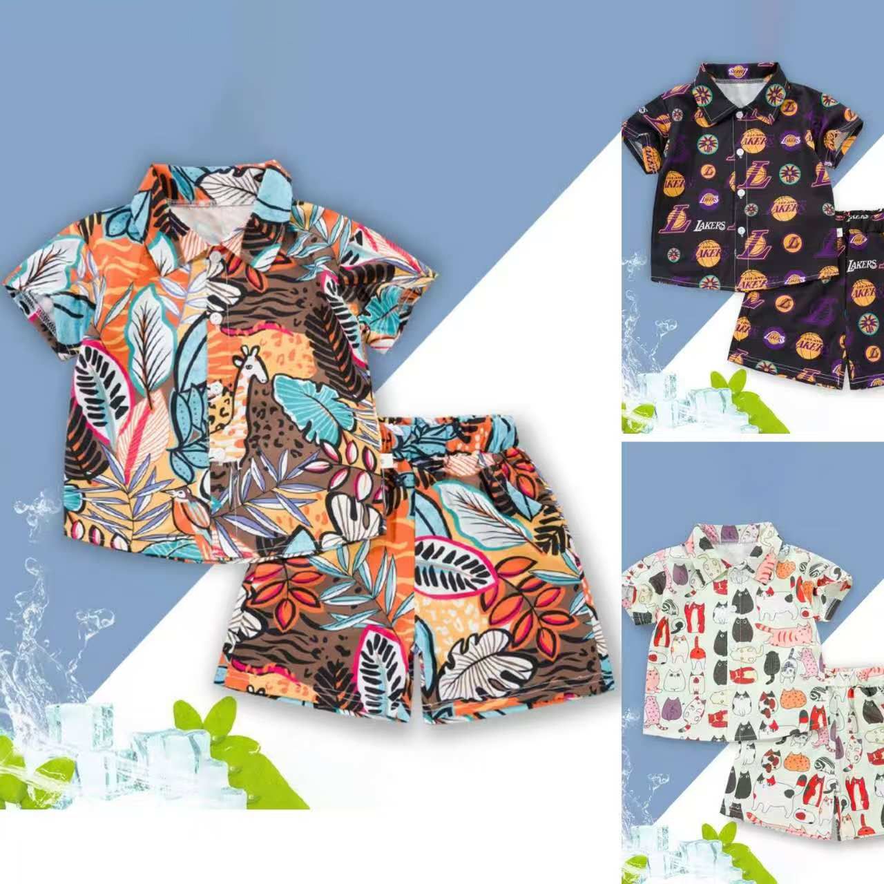 2-Piece Set（Shirt+shorts）Summer Boys Lightweight Casual Cuban Collar 3D Digital Print Premium Style Shirt and Shorts Set