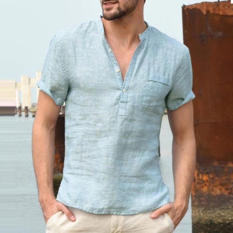 Quality New Men'S Linen V Neck Bandage Cotton Blend T Shirts Male Solid Color Short Sleeves Casual Cotton Linen Tshirt Tops