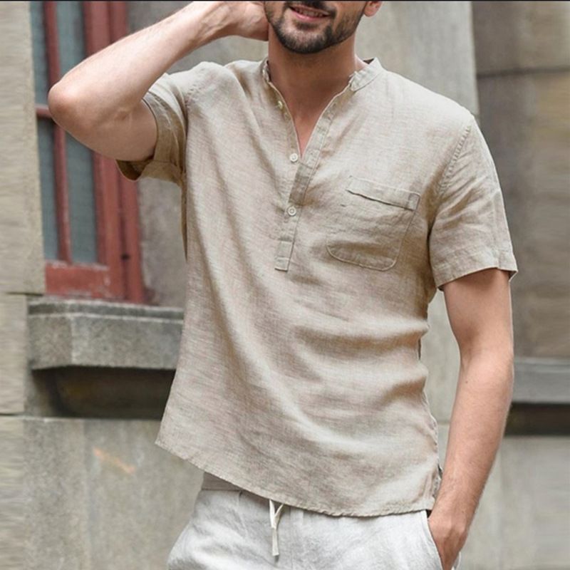 Quality New Men'S Linen V Neck Bandage Cotton Blend T Shirts Male Solid Color Short Sleeves Casual Cotton Linen Tshirt Tops