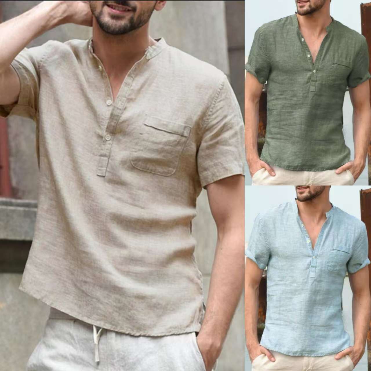 Quality New Men'S Linen V Neck Bandage Cotton Blend T Shirts Male Solid Color Short Sleeves Casual Cotton Linen Tshirt Tops