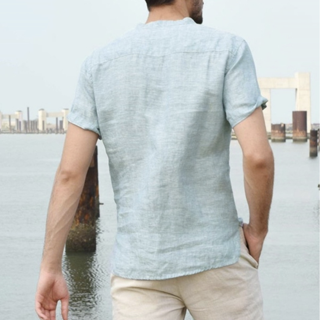 Quality New Men'S Linen V Neck Bandage Cotton Blend T Shirts Male Solid Color Short Sleeves Casual Cotton Linen Tshirt Tops