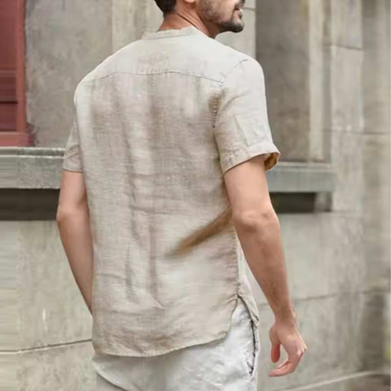 Quality New Men'S Linen V Neck Bandage Cotton Blend T Shirts Male Solid Color Short Sleeves Casual Cotton Linen Tshirt Tops