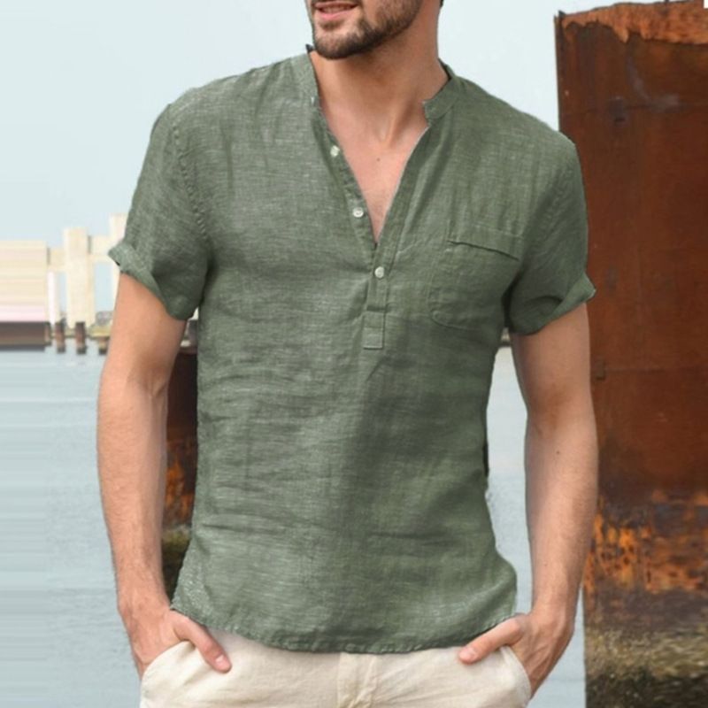 Quality New Men'S Linen V Neck Bandage Cotton Blend T Shirts Male Solid Color Short Sleeves Casual Cotton Linen Tshirt Tops