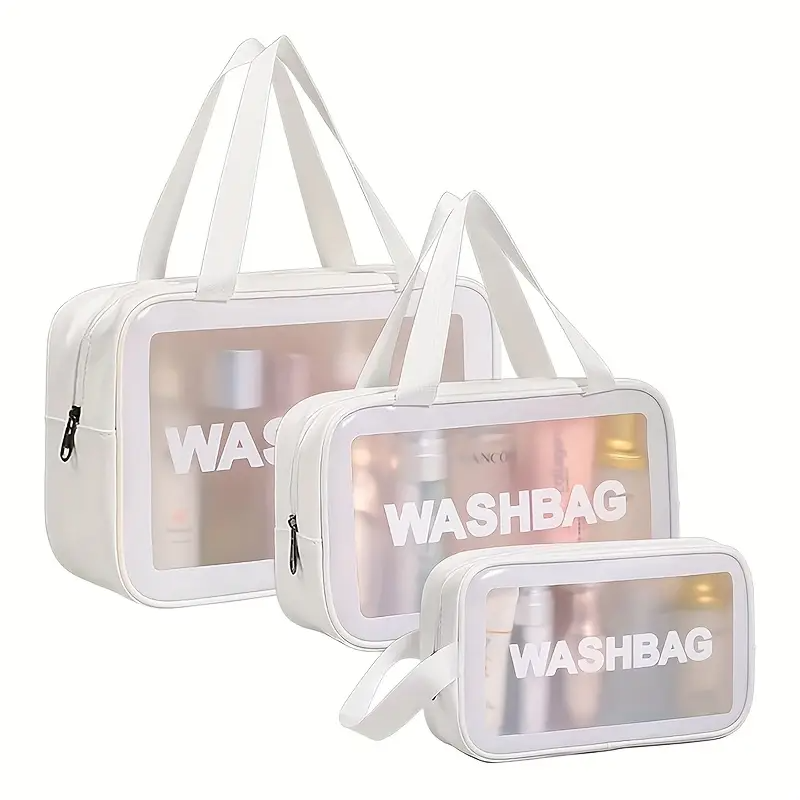 3pcs Matte Semi-Transparent Waterproof Travel Toiletry Bag | Multipurpose Men's and Women's Large Capacity Nylon Bag with Handle | Pink, Black, White