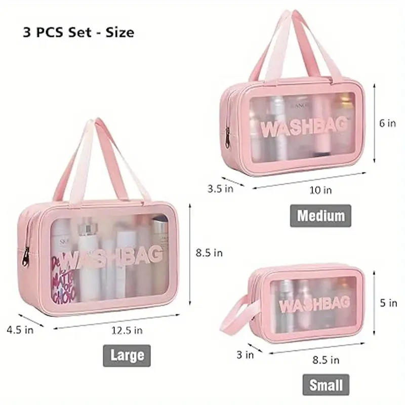 3pcs Matte Semi-Transparent Waterproof Travel Toiletry Bag | Multipurpose Men's and Women's Large Capacity Nylon Bag with Handle | Pink, Black, White