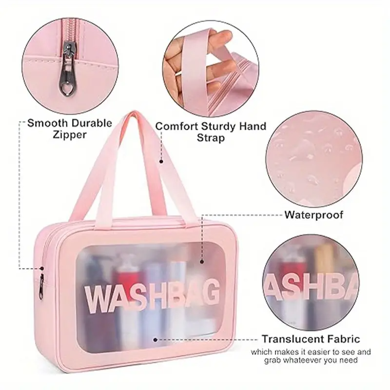 3pcs Matte Semi-Transparent Waterproof Travel Toiletry Bag | Multipurpose Men's and Women's Large Capacity Nylon Bag with Handle | Pink, Black, White