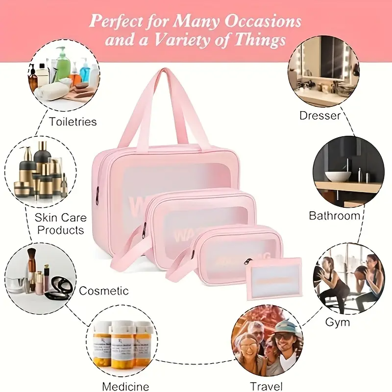 3pcs Matte Semi-Transparent Waterproof Travel Toiletry Bag | Multipurpose Men's and Women's Large Capacity Nylon Bag with Handle | Pink, Black, White