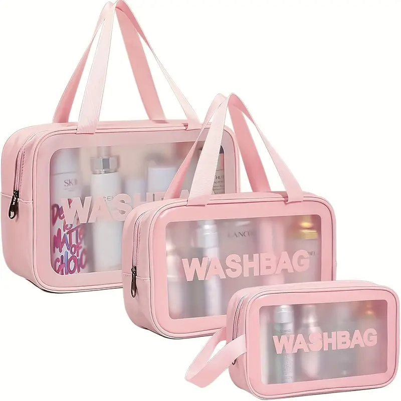 3pcs Matte Semi-Transparent Waterproof Travel Toiletry Bag | Multipurpose Men's and Women's Large Capacity Nylon Bag with Handle | Pink, Black, White