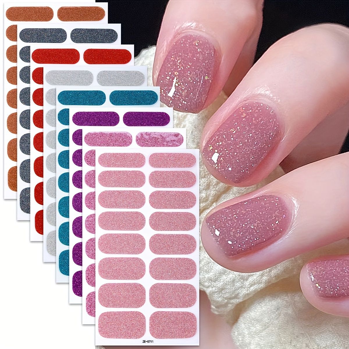8 Sheets Nail Stickers Full Nail Wraps Gel  Nail Full Wraps Nail Polish Strips Pink Purple Blue Nail Glitter Self-Adhesive Nail Decals Nail Art Supplies for Women DIY Manicure Nail Art Decorations Set