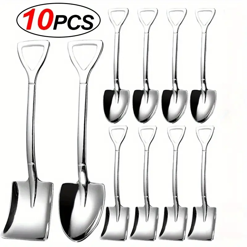 10-Piece Stainless Steel Dessert Spoons Set - Elegant Shovel Shape Teaspoons for Coffee, Ice Cream, Fruit, Kitchen Tableware Cutlery