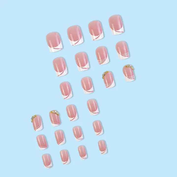 24pcs Square French Tip Wearable Fake Nails Reusable Stick On Nails Press on Full Cover False Nail Tips with Jelly Stickers Makeup Accessories Nail Art
