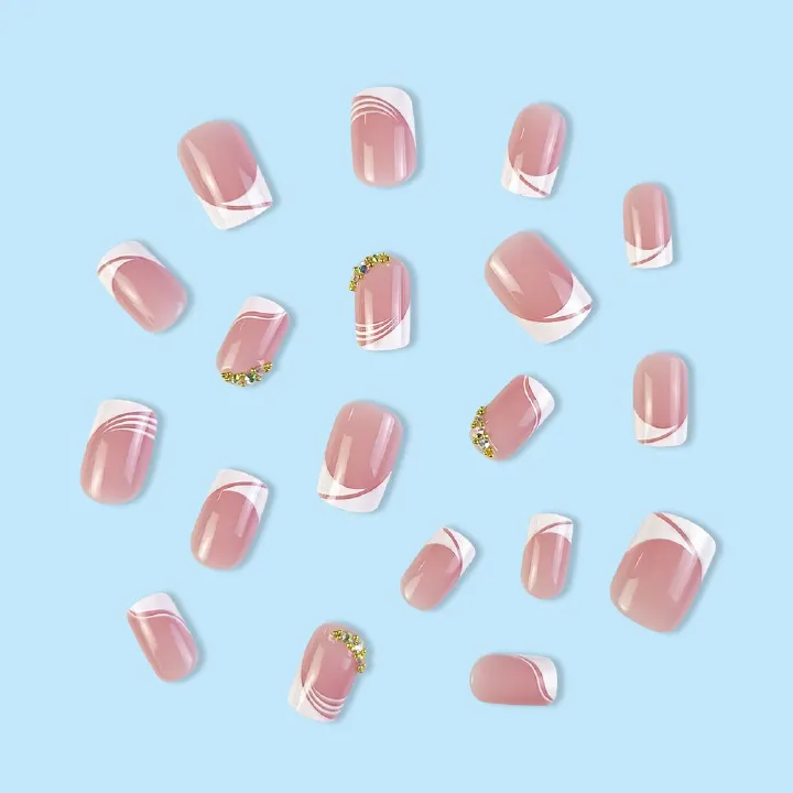 24pcs Square French Tip Wearable Fake Nails Reusable Stick On Nails Press on Full Cover False Nail Tips with Jelly Stickers Makeup Accessories Nail Art