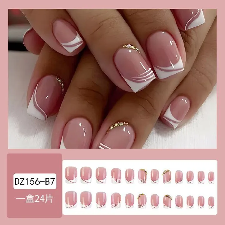 24pcs Square French Tip Wearable Fake Nails Reusable Stick On Nails Press on Full Cover False Nail Tips with Jelly Stickers Makeup Accessories Nail Art