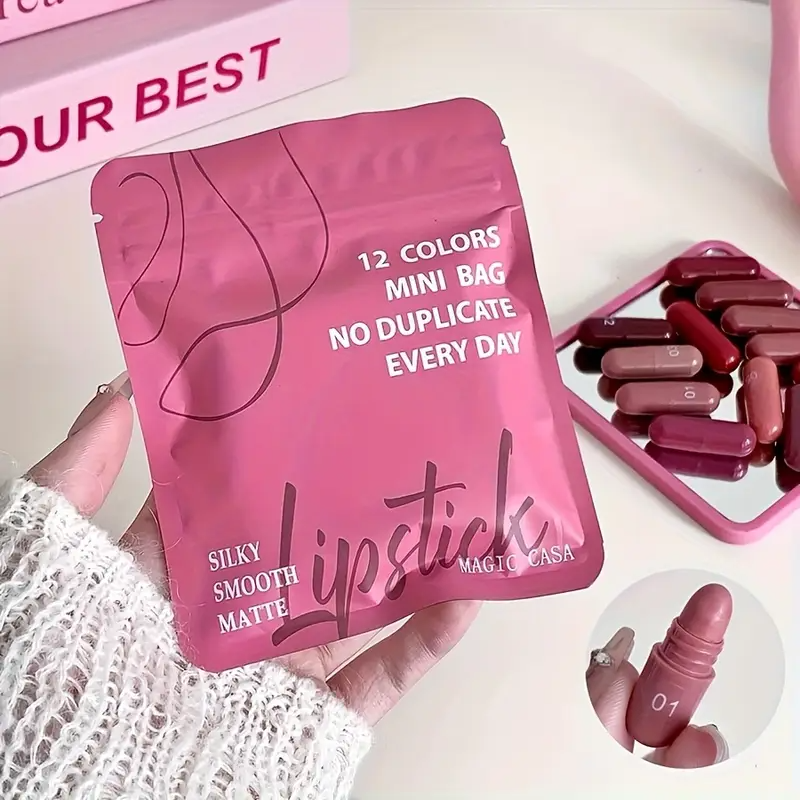 12-Pack Cute Mini Matte Lipstick Set - Rich, Soft, Smooth Pink, Red & Brown Lip Glosses, Easy to Apply, Long-Lasting, Perfect Gift for Makeup Festival, Beginner-Friendly Nourishing Lipstick Kit