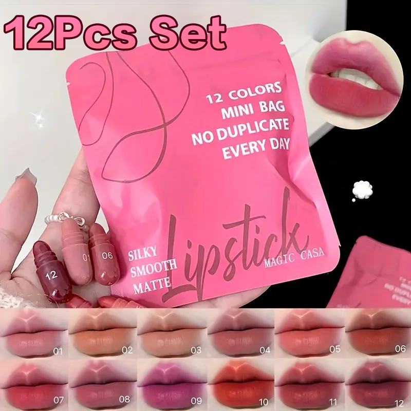 12-Pack Cute Mini Matte Lipstick Set - Rich, Soft, Smooth Pink, Red & Brown Lip Glosses, Easy to Apply, Long-Lasting, Perfect Gift for Makeup Festival, Beginner-Friendly Nourishing Lipstick Kit