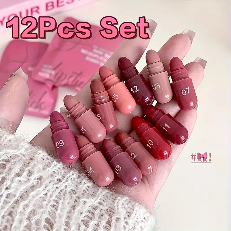 12-Pack Cute Mini Matte Lipstick Set - Rich, Soft, Smooth Pink, Red & Brown Lip Glosses, Easy to Apply, Long-Lasting, Perfect Gift for Makeup Festival, Beginner-Friendly Nourishing Lipstick Kit