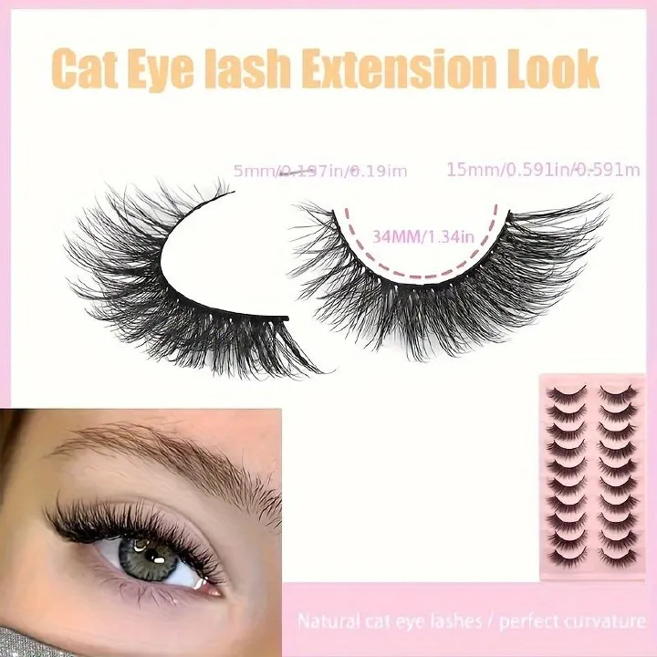 Handmade False Eyelashes Mink Lashes Natural Wispy Cat Eye Lashes Geeneiya Eyelashes Pack 3D Strip Short Volume Fake Eyelashes 10 Pairs