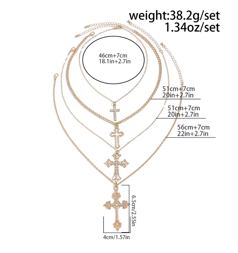 4pcs/set Shiny Zircon Cross Pendant Necklace Set for Women Vintage Crystal Cross Necklace Adjustable Long Chain Y2K Jewelry