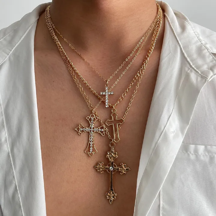 4pcs/set Shiny Zircon Cross Pendant Necklace Set for Women Vintage Crystal Cross Necklace Adjustable Long Chain Y2K Jewelry