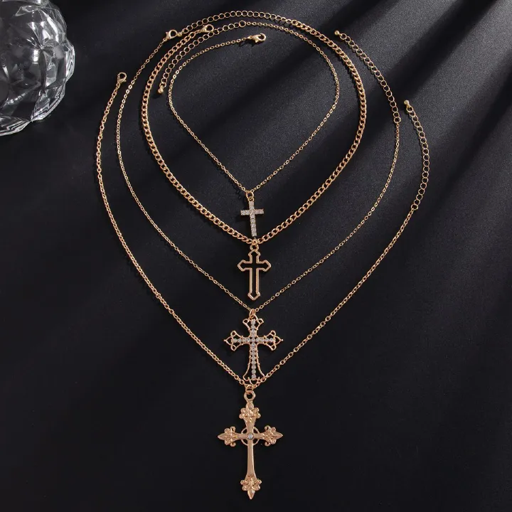 4pcs/set Shiny Zircon Cross Pendant Necklace Set for Women Vintage Crystal Cross Necklace Adjustable Long Chain Y2K Jewelry