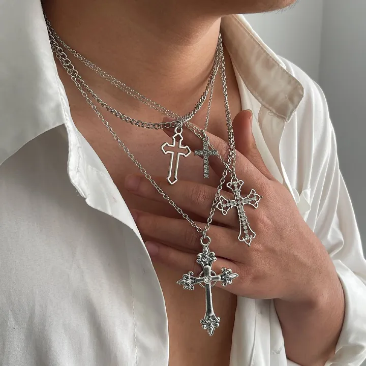 4pcs/set Shiny Zircon Cross Pendant Necklace Set for Women Vintage Crystal Cross Necklace Adjustable Long Chain Y2K Jewelry