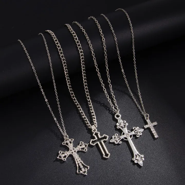 4pcs/set Shiny Zircon Cross Pendant Necklace Set for Women Vintage Crystal Cross Necklace Adjustable Long Chain Y2K Jewelry