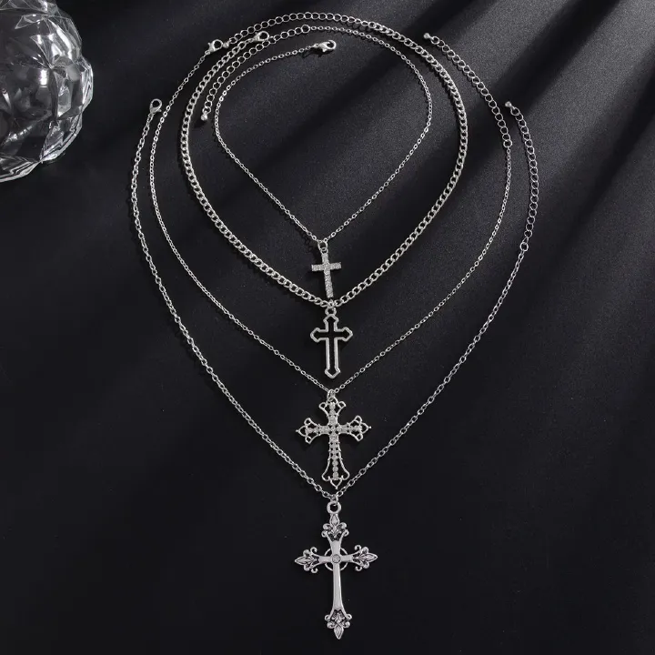 4pcs/set Shiny Zircon Cross Pendant Necklace Set for Women Vintage Crystal Cross Necklace Adjustable Long Chain Y2K Jewelry