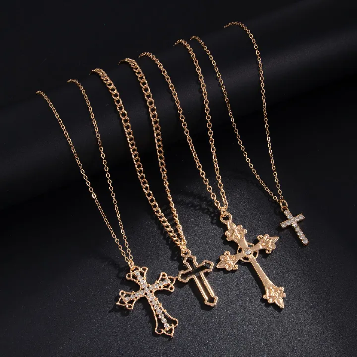 4pcs/set Shiny Zircon Cross Pendant Necklace Set for Women Vintage Crystal Cross Necklace Adjustable Long Chain Y2K Jewelry