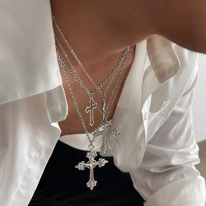 4pcs/set Shiny Zircon Cross Pendant Necklace Set for Women Vintage Crystal Cross Necklace Adjustable Long Chain Y2K Jewelry