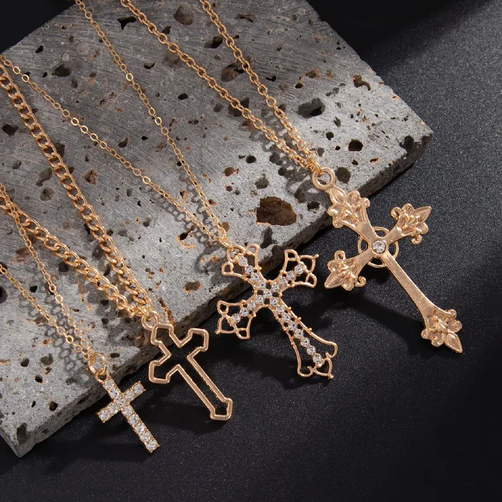 4pcs/set Shiny Zircon Cross Pendant Necklace Set for Women Vintage Crystal Cross Necklace Adjustable Long Chain Y2K Jewelry