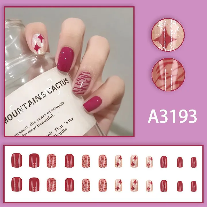 New model spicy girl nail stickers wild berry red sweet cool spicy girl show white jam jump color short 24 pieces wearable nail stickers