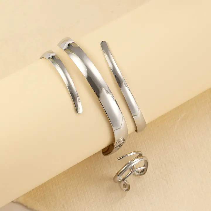 Stainless Steel Water Drop Bangle Ring Set for Women Luxury Geometric Teardrop Open WristCuff Irregular Twisted Bracelet Jewelry